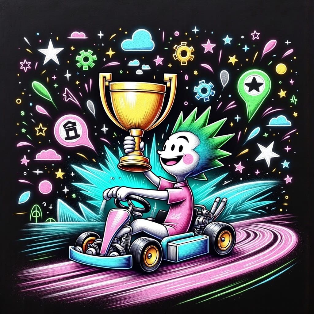 <lora:Chalkify:1.0> vanellope von schweetz with her trophy on the racetrack. Chalk on black paper, powder effect