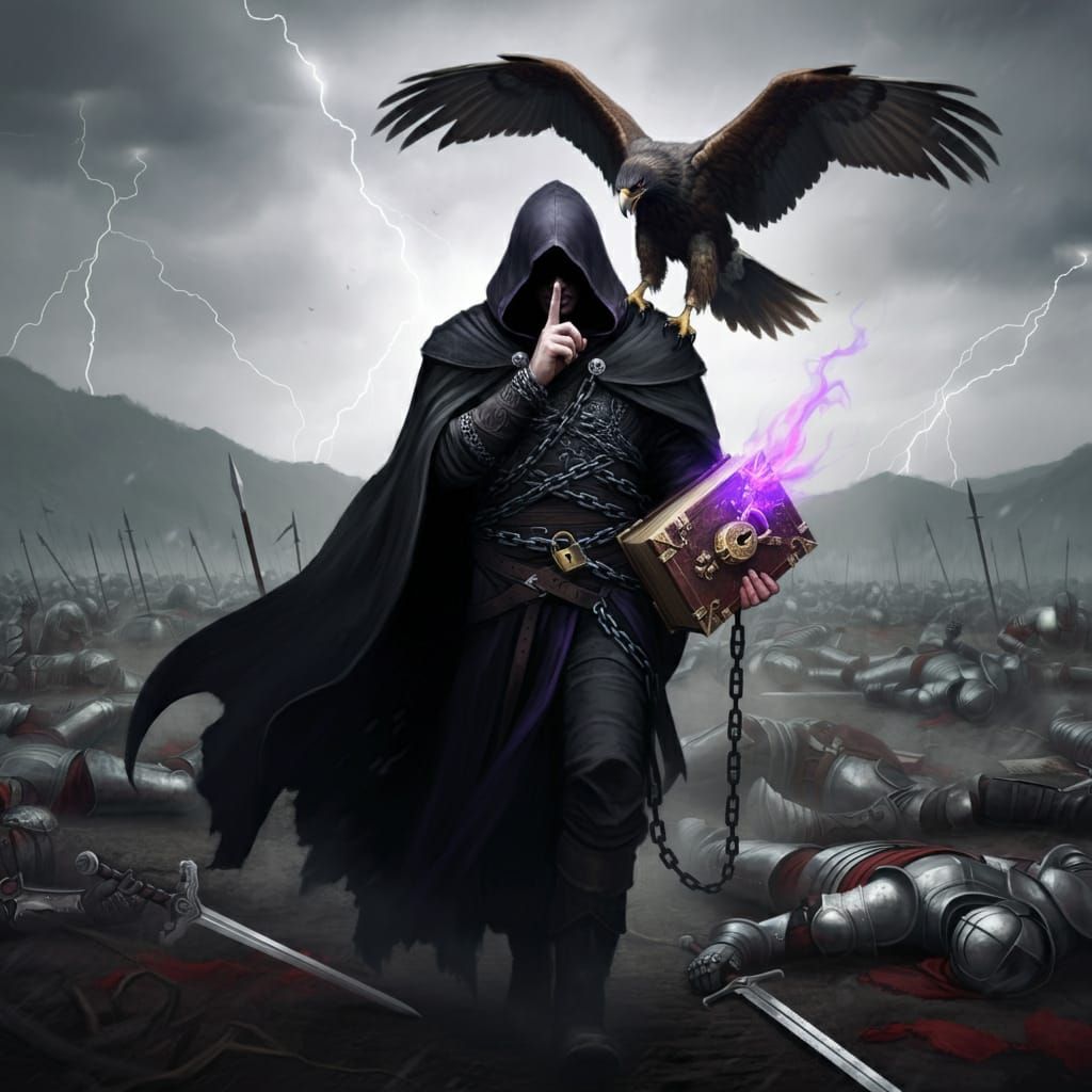 Hooded raven sorcerer absorbing secrets of the dead