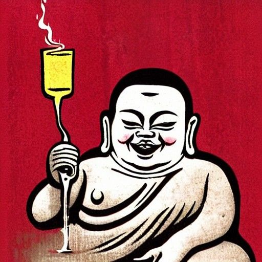 Laughing Buddha holds a wine bottle which is issuing smoke c...