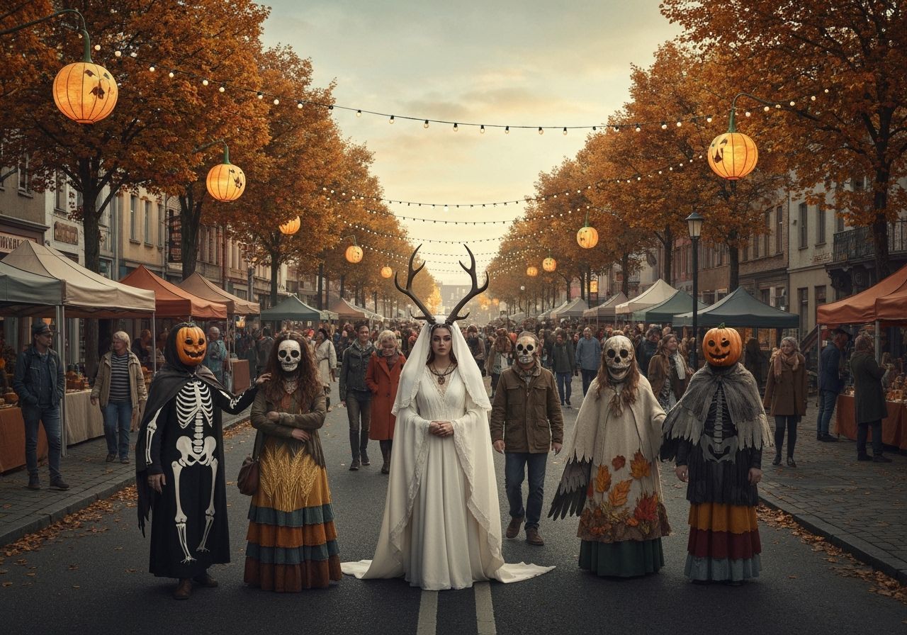 ​Photorealistic cinematic IMAX-quality image. A surreal, modern-day town-wide autumn street festival celebrating the har...