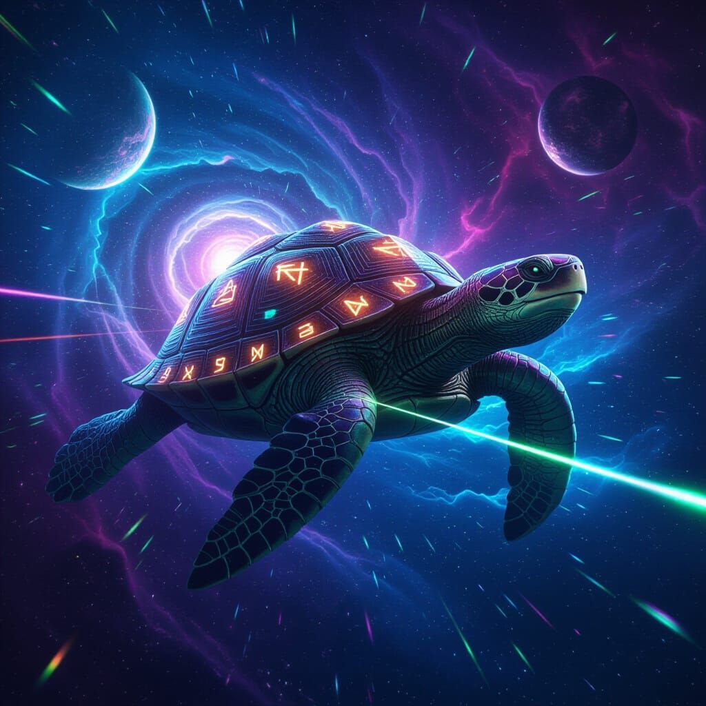 A colossal, ancient turtle with a shell encrusted with glowing runes, swimming through a nebula of cosmic dust and starlight. The background...