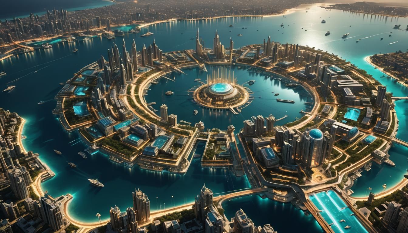 In the year 2500 AD, the skyline of Astraea, a mega island city off the coast of Dubai, emerges as a shimmering vision of the future, floati...