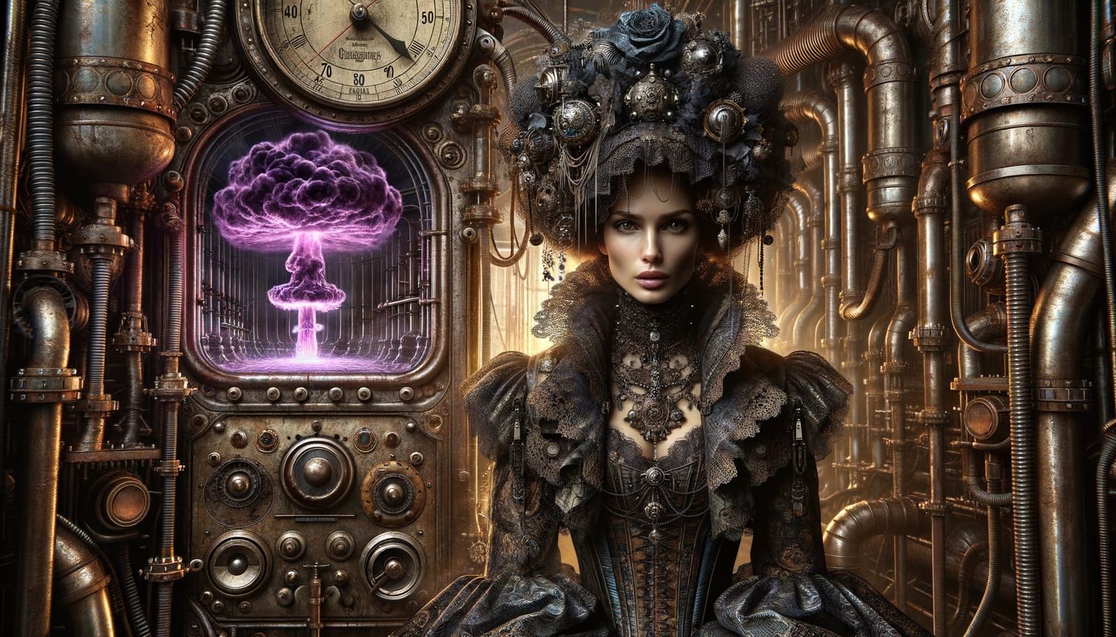 Steampunk Lady Amidst Dilapidated Elegance