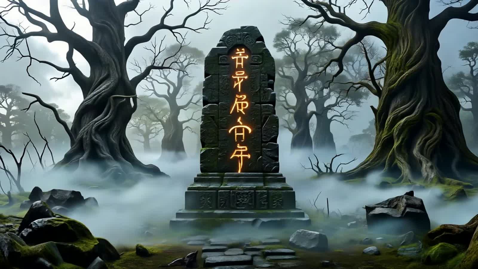 A colossal, ancient monolith, half-submerged in a swirling, ethereal mist, its surface etched with forgotten glyphs that...