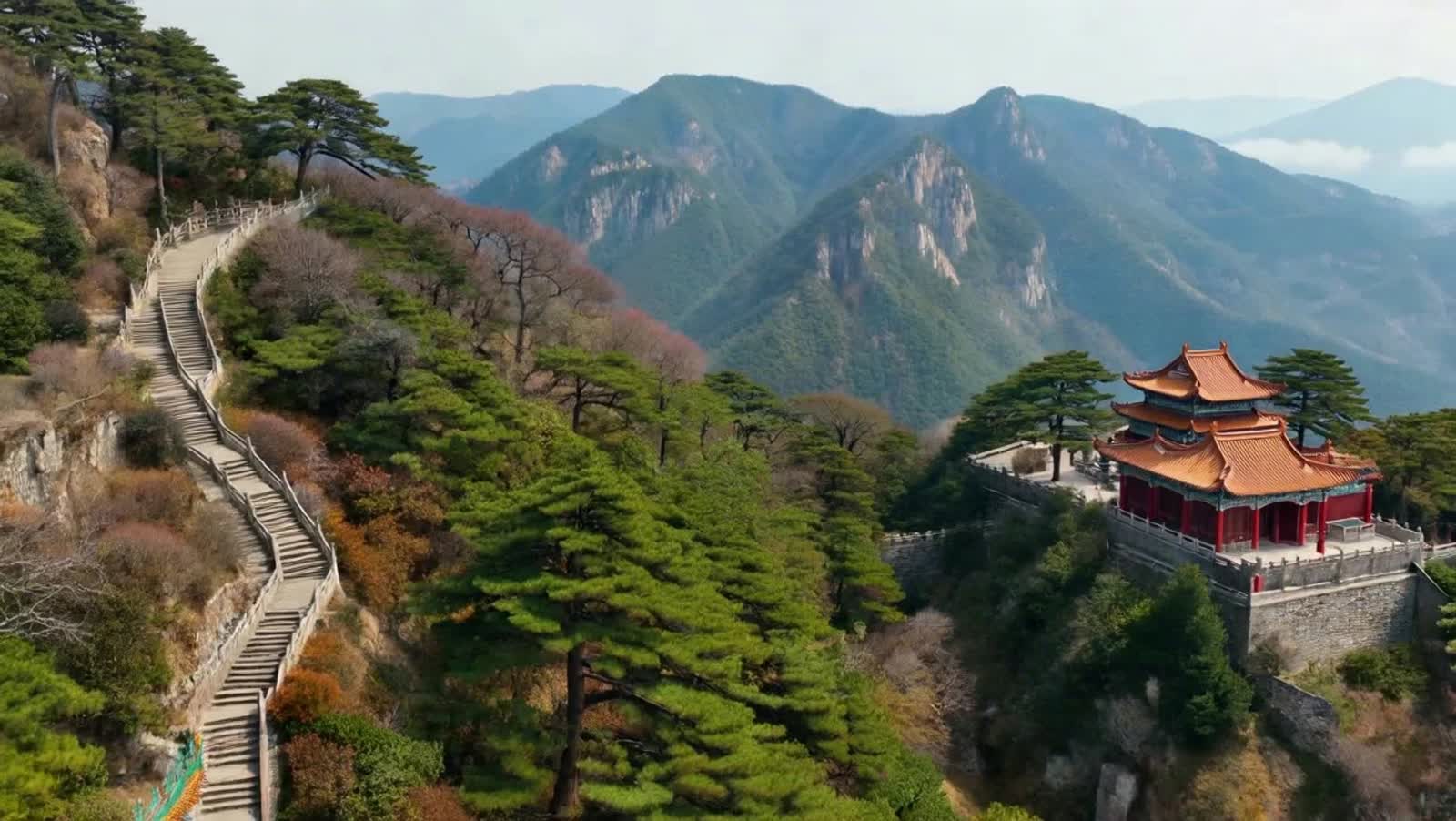 create a video, High Definition, Photorealism, Highly detailed, Camera Pans from above the Wudang Mountains to the Purpl...