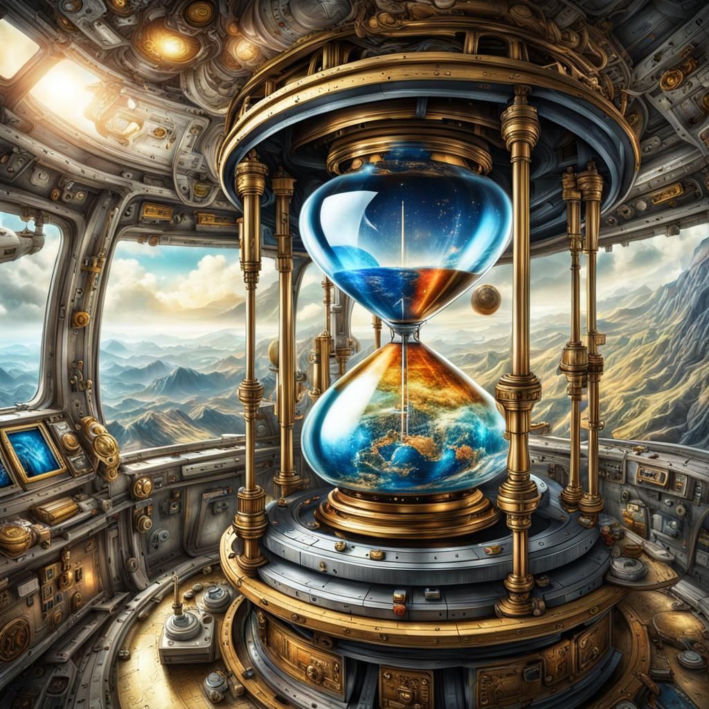 Fantasy Hourglass in Space Capsule: Hyperrealistic Comic Art