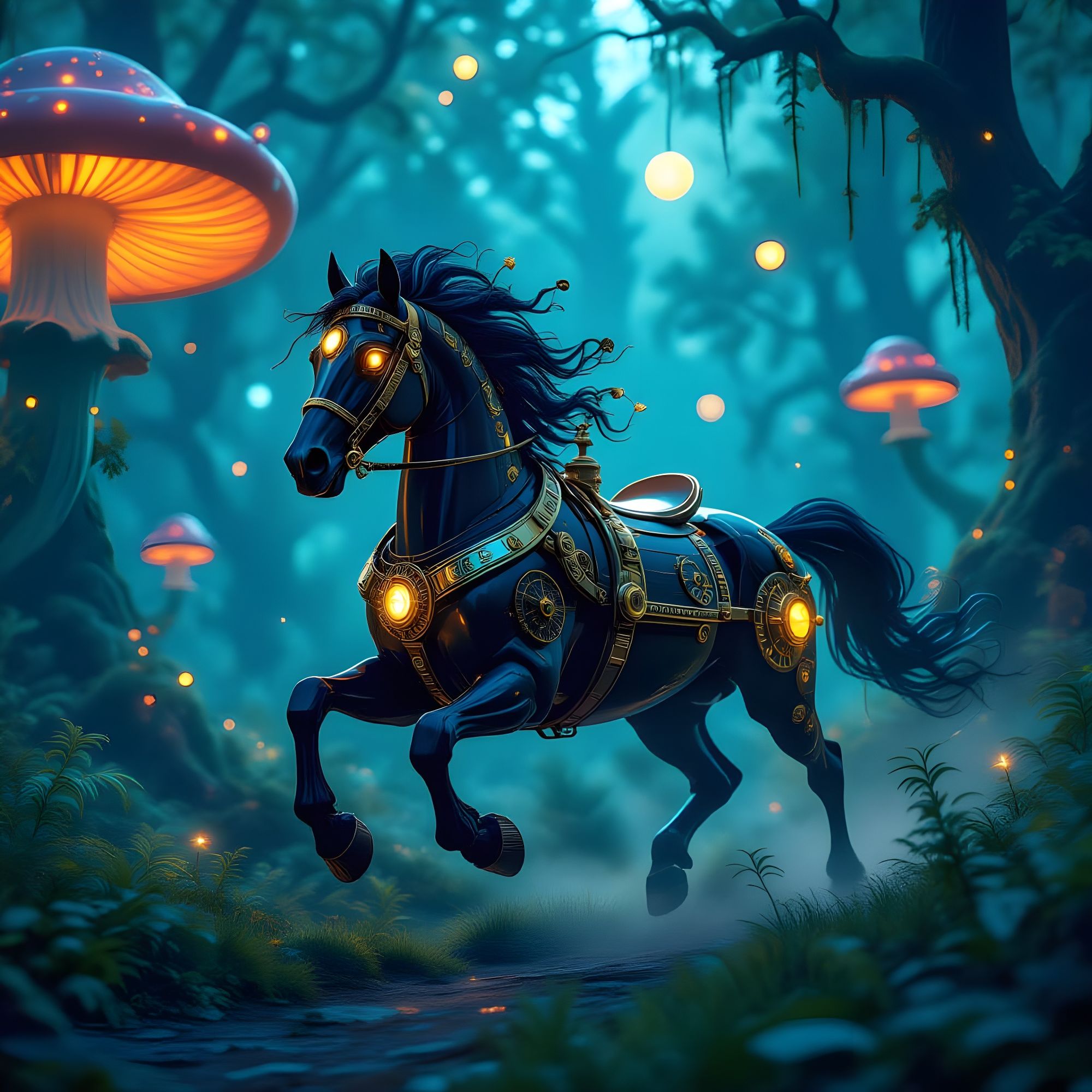 A majestic clockwork horse with intricate brass gears and steaming pipes, galloping through a vibrant, bioluminescent forest. Its mane is wo...
