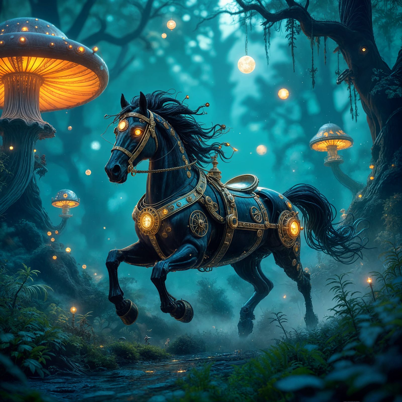A majestic clockwork horse with intricate brass gears and steaming pipes, galloping through a vibrant, ...  by @ArmyWidow