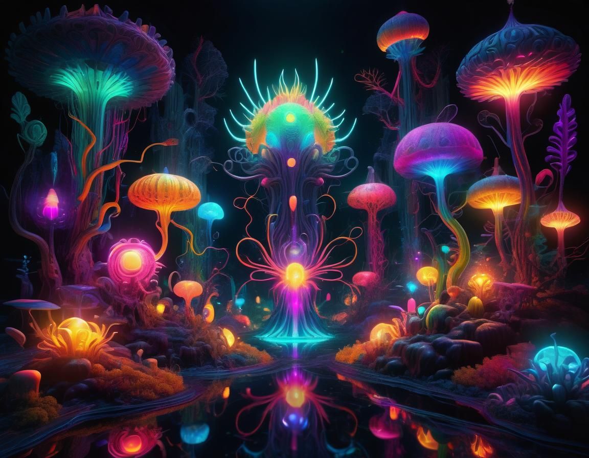 Imaginary organisms emitting radiant, colorful lights in a dark, mystical setting,   by @CNEWBY