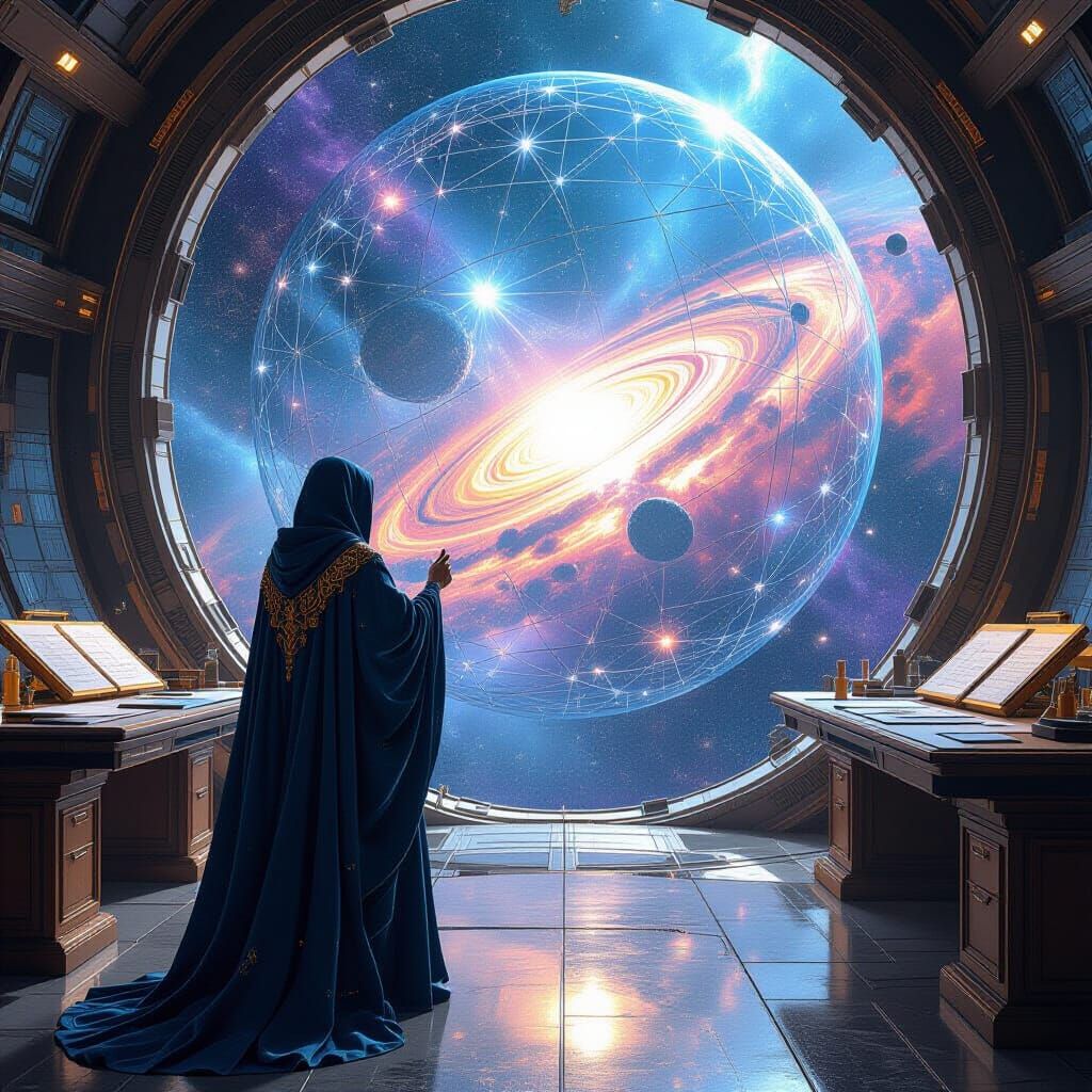 Imagine a celestial architect designing the blueprints for a Dyson sphere in a hidden studio nestled within the heart of a nebula. The studi...