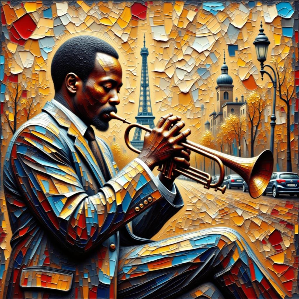 Art on cracked paper. The color palette is Alabaster, Rusty Red, Dark Taupe, Baby Blue, Strong Cyan and Gunmetal. 3D, deep focus, 8k. Mixed ...