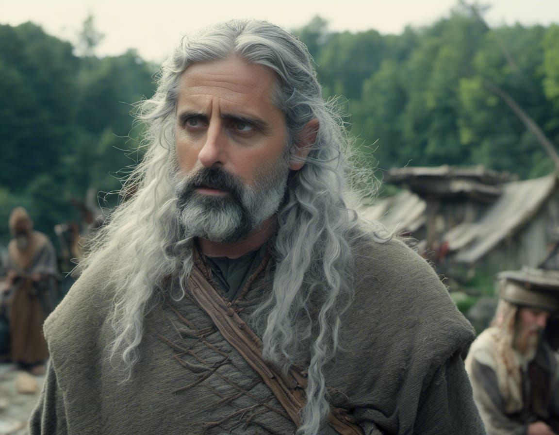 Steve Carell As Noah Long Grey Hair And Beard Building The Ark Ai