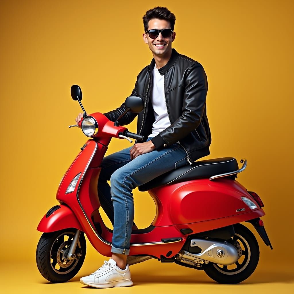 Hyperrealistic Portrait of Man on Red Scooter