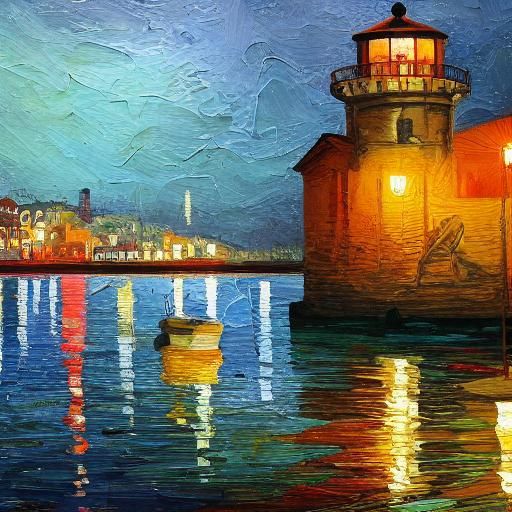 Lighthouse in Stormy Bay: Neo-Impressionist Oil Painting