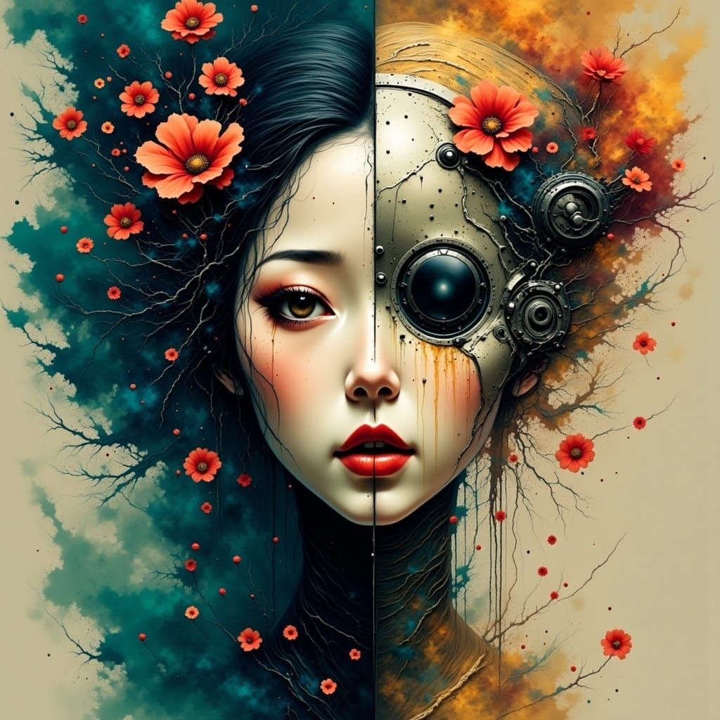 <lora:DEEPfeels:1.0> Split face portrait. Left face half bea...