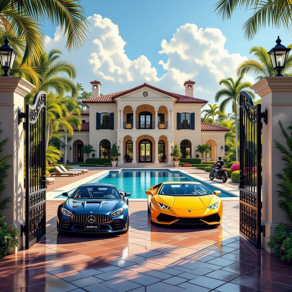 Hyperrealistic Mansion Morning View with Luxury Cars