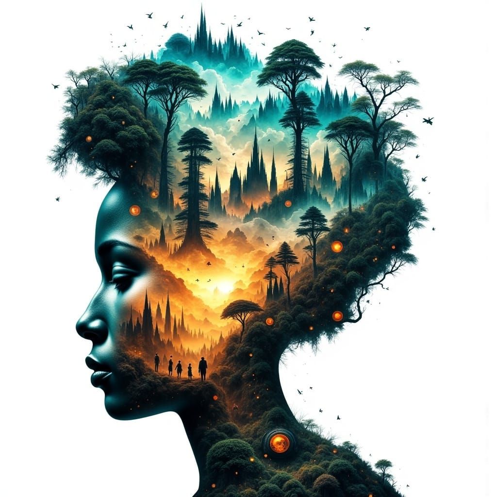 <lora:Abstract Reality:1.0>       "Create a double exposure image featuring an witch doctor's silhouette, seamlessly blending with surreal t...