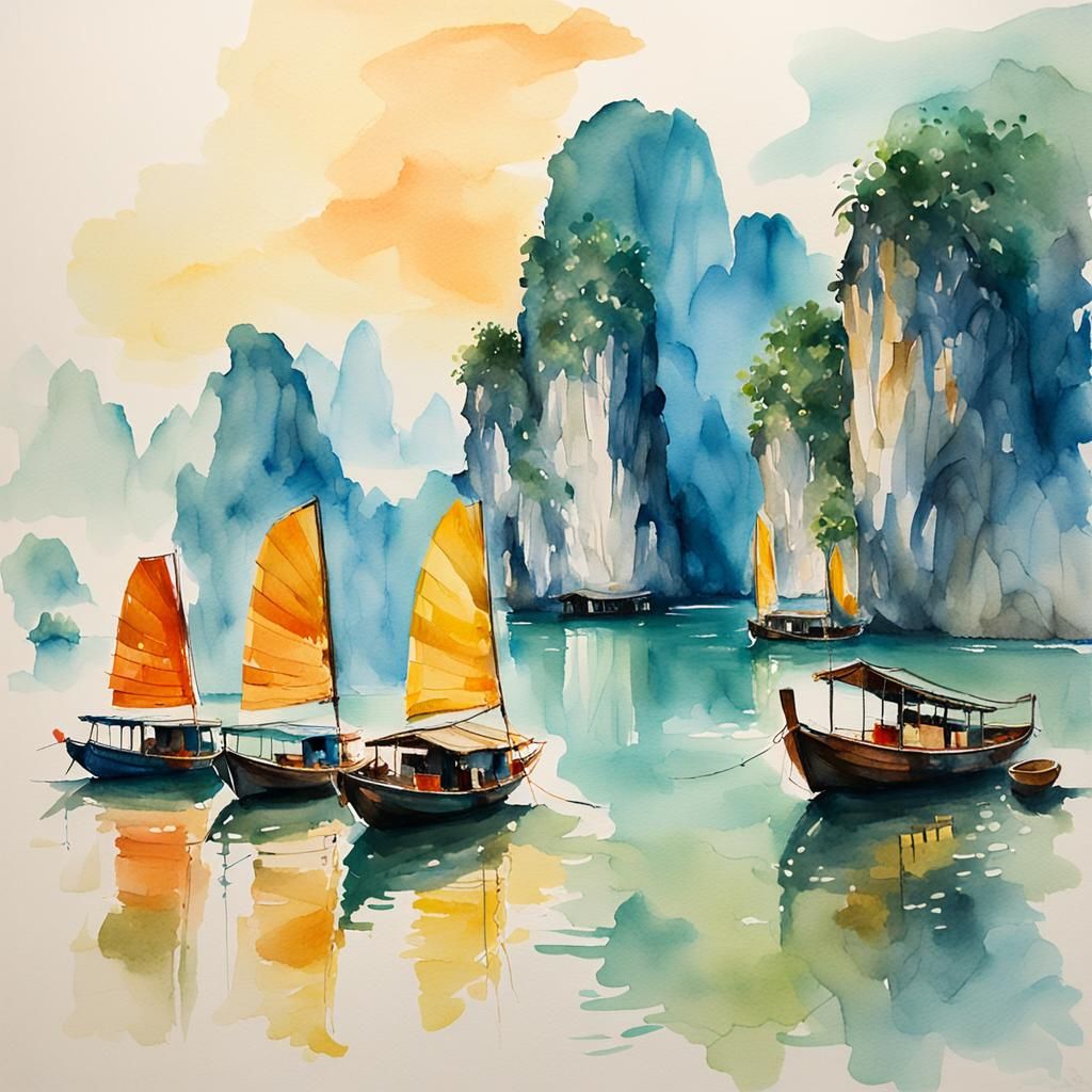 sparse watercolor painting of Ha Long Bay, Vietnam  by @Tangled Serendipity