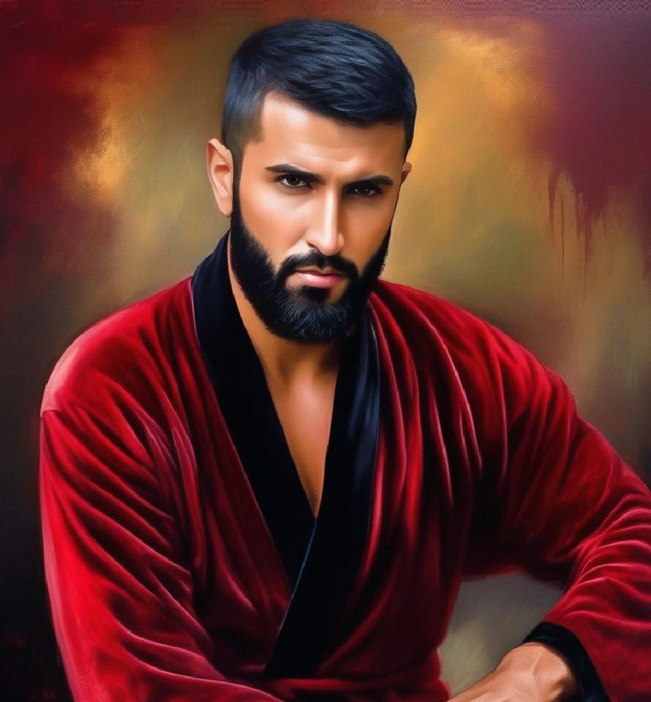 A handsome man  wearing a    red      velours   bathrobe wit...