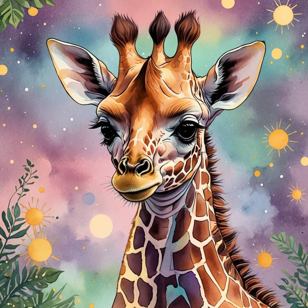 Adorable Baby Giraffe Cartoon in Pastel Watercolour