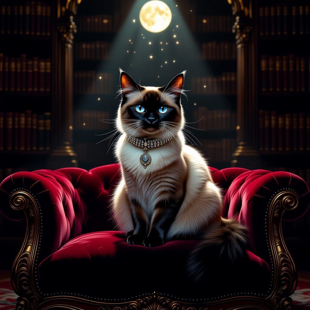 Siamese Cat in Palace Library, Hyper-Realistic Digital Art
