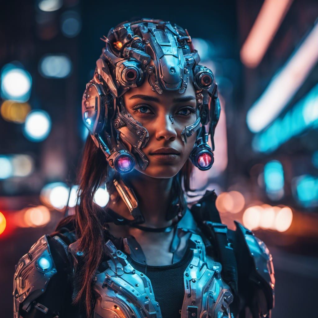 Portrait of a cyborg girl wearing futuristic face armor in a...