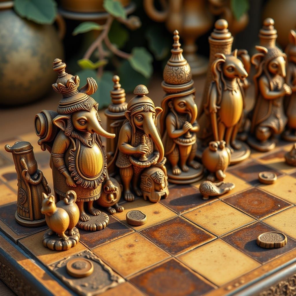 <lora:tavoletta:1.0> on an old wooden chessboard there are chess pieces in the shape of different animals
