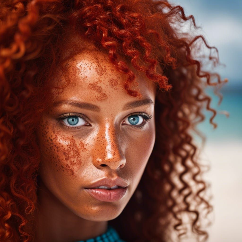 Melanesian with Freckles Red Curly Hair, and Blue Eyes,