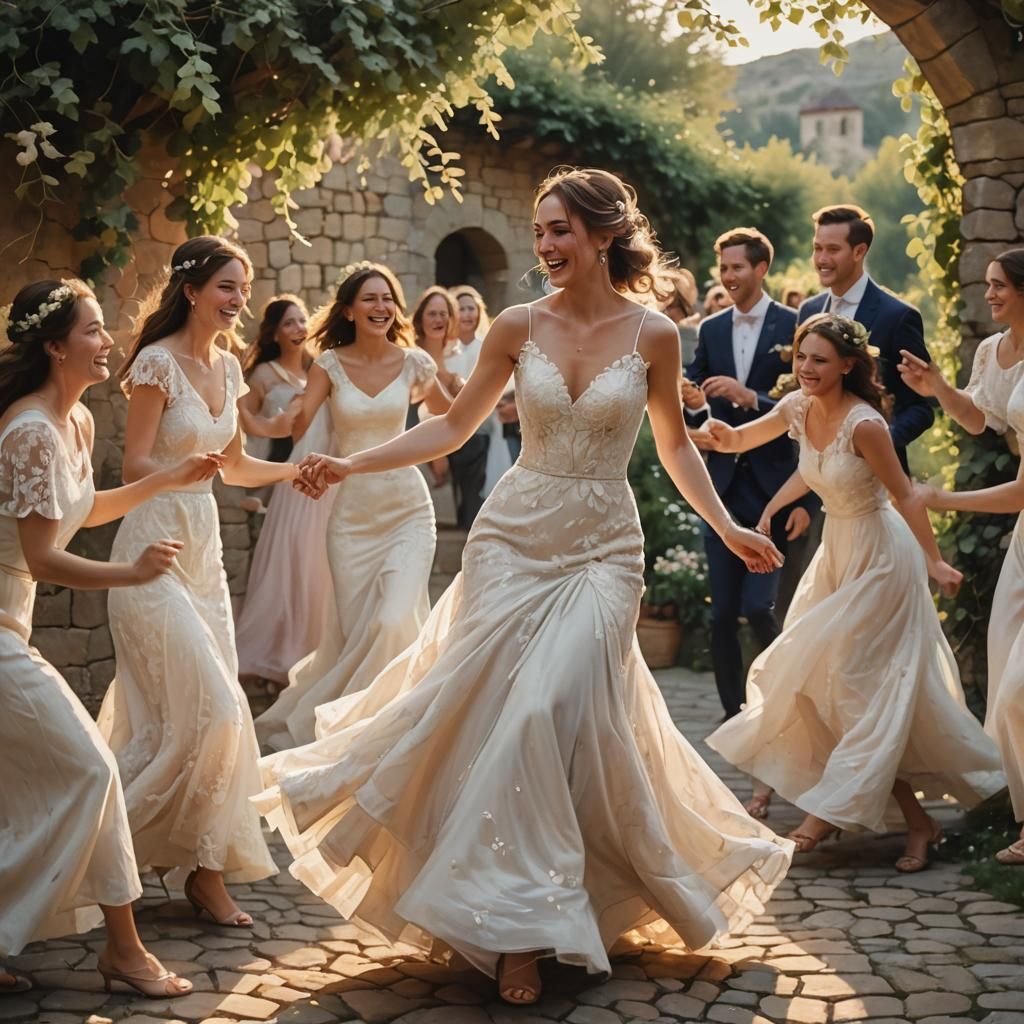 A bride in a white dress dances with her friends at her wedd...