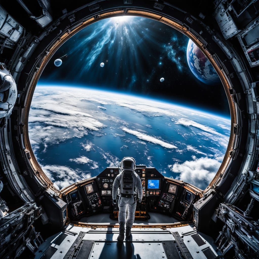 From inside the spacecraft cockpit one can see the vastness of space filled with stars and distant galaxies. ...  by @undefined