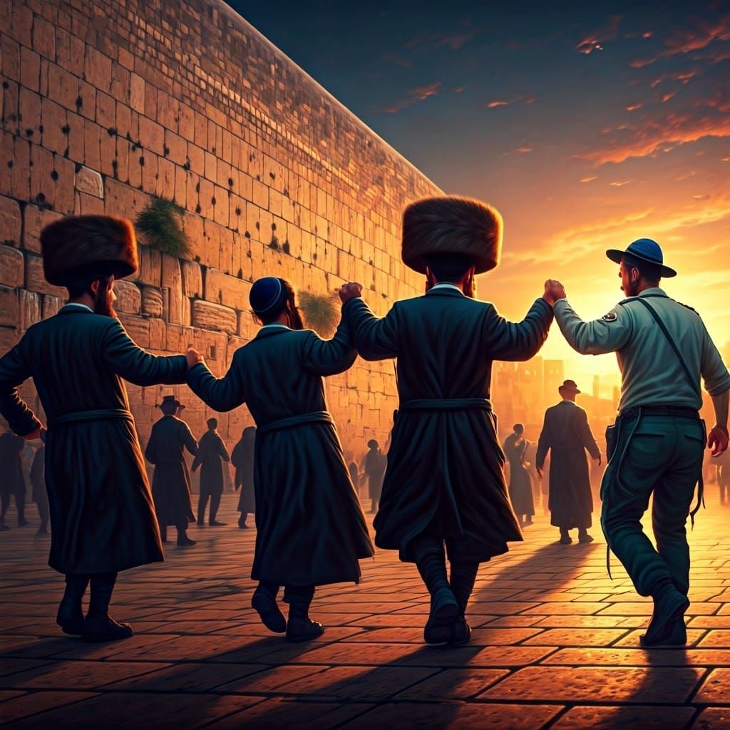 Joyful Jews Dance Together at Western Wall in Vibrant, Fanta...