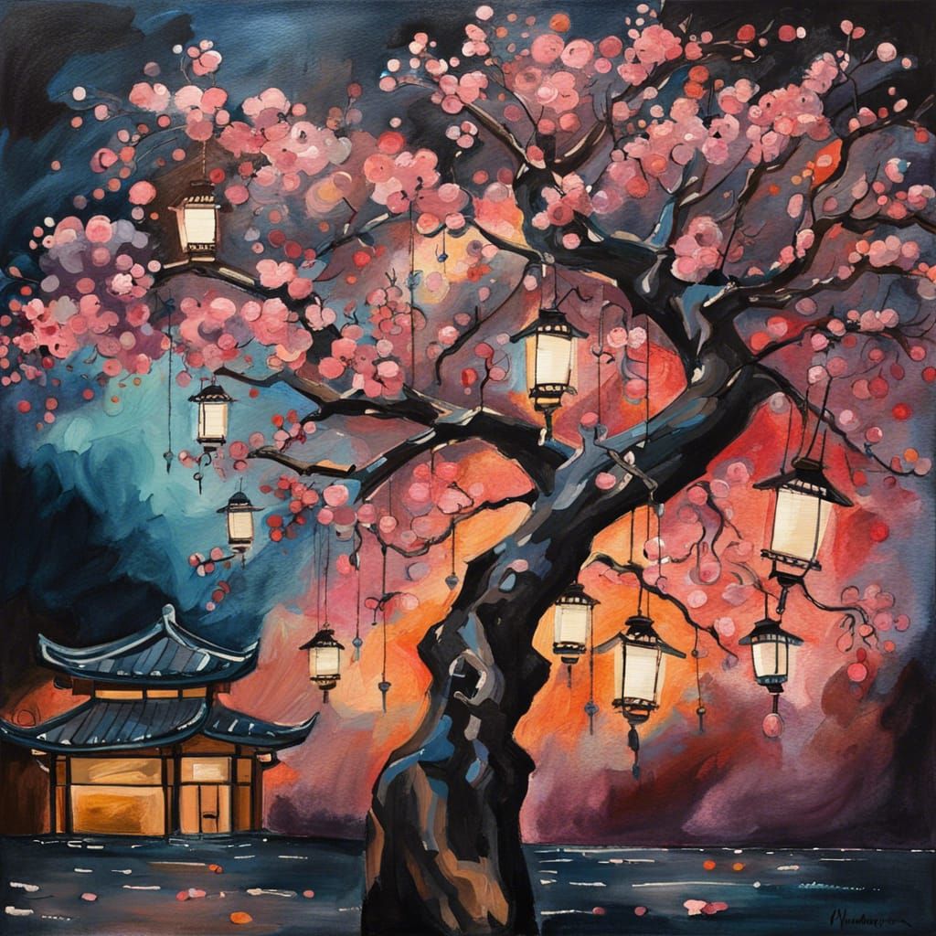 A tall Japanese Cherry tree at night with lanterns in the branches abstract art complementary colors ...  by @ChatBlanc