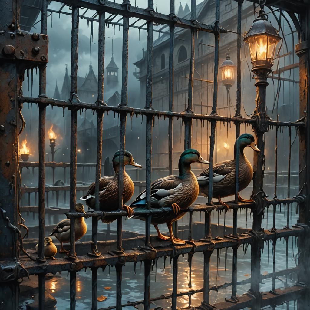 Ducks in a Dystopian Cage: Gothic Oil Painting