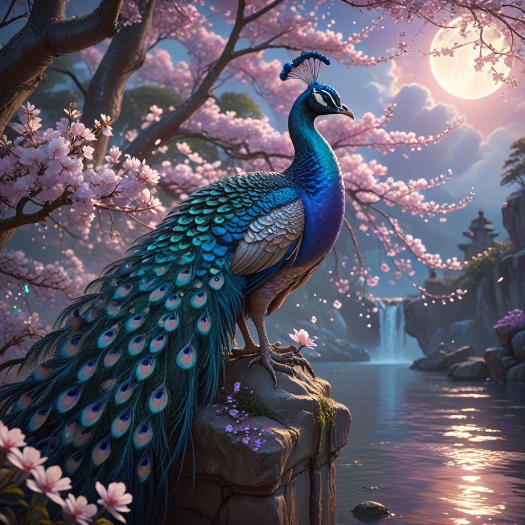 
A majestic pastel peacock stands on a moonlit ledge, its iridescent plumage cascading like silk ribbons—pink, lavender, and sky blue feathe...