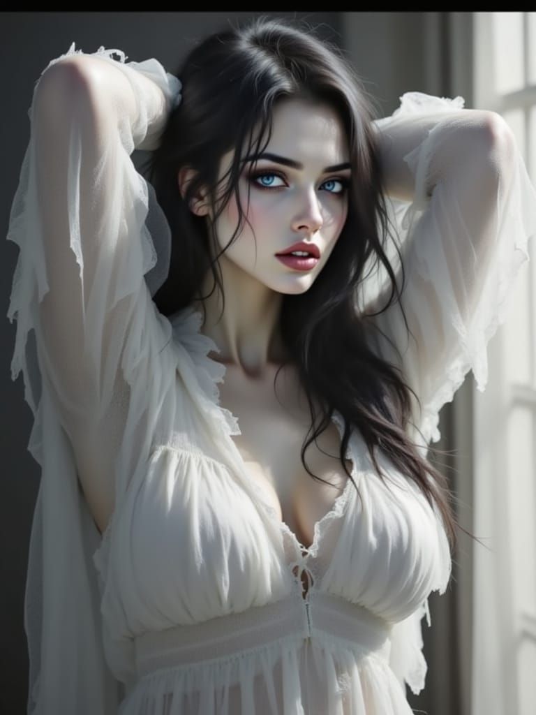 A stunning photo of a beautiful woman with bright blue eyes, full lips, and dark, luscious long hair, cap...