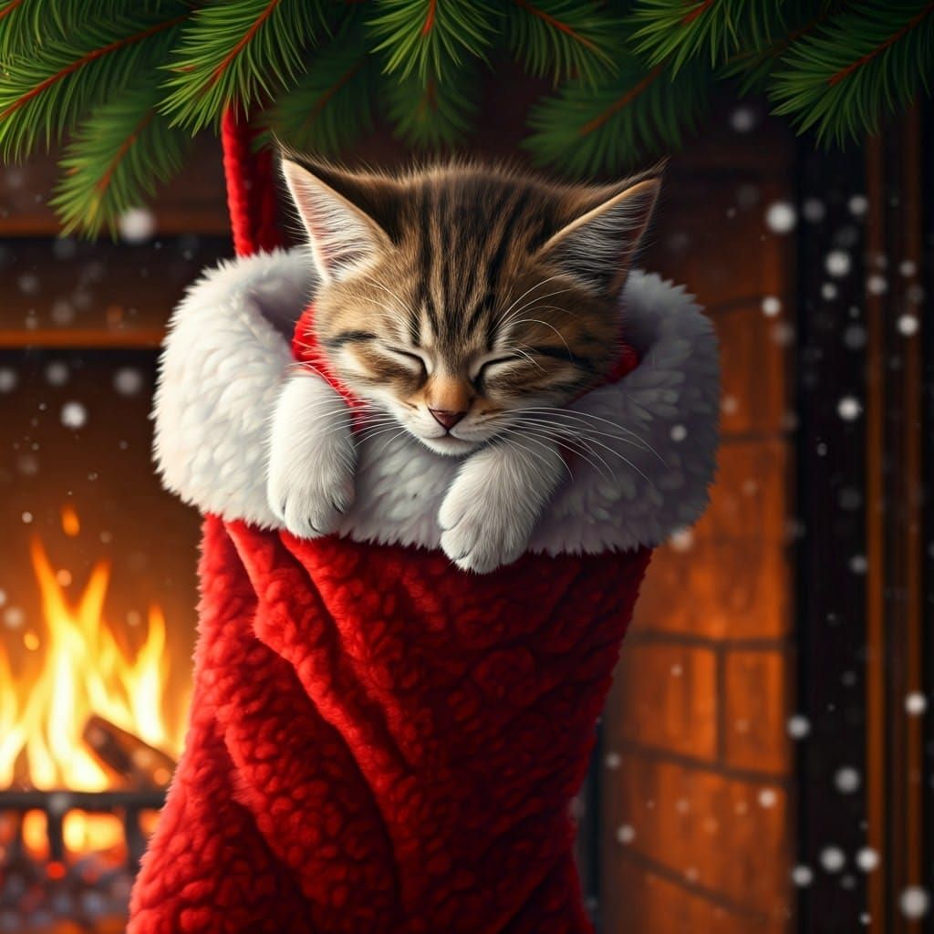 Kitten sleeping in a Christmas stocking.
Fire burning in the fire place.
Snow falling seen through the ...  by @Diggity