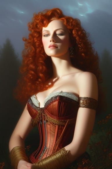 Gorgeous curly red-headed goddess, finely detailed eyes, cor...