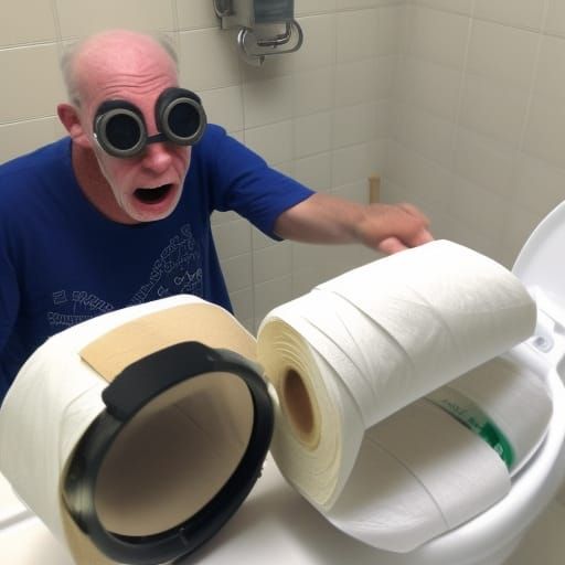 Crazy old man using toilet paper rolls as goggles