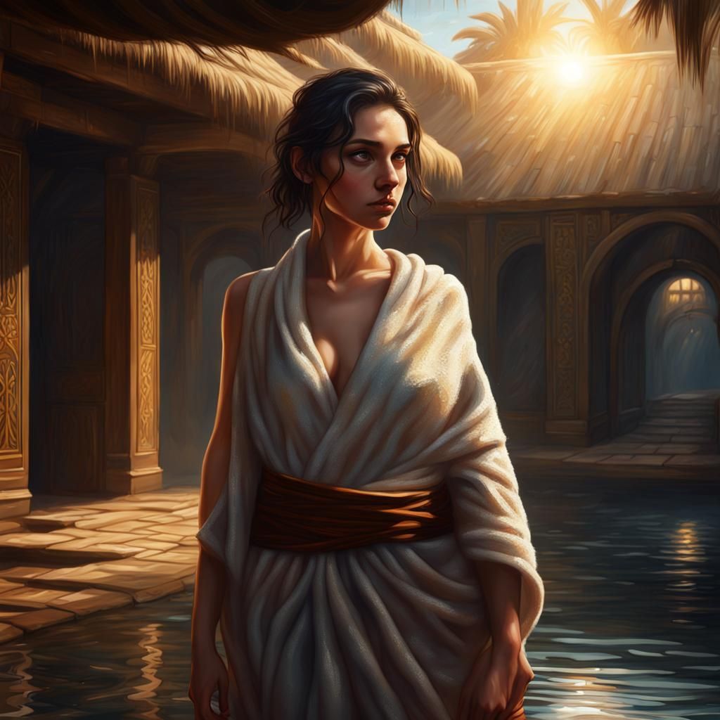 oil painting of a pretty young woman leaving the bathhouse