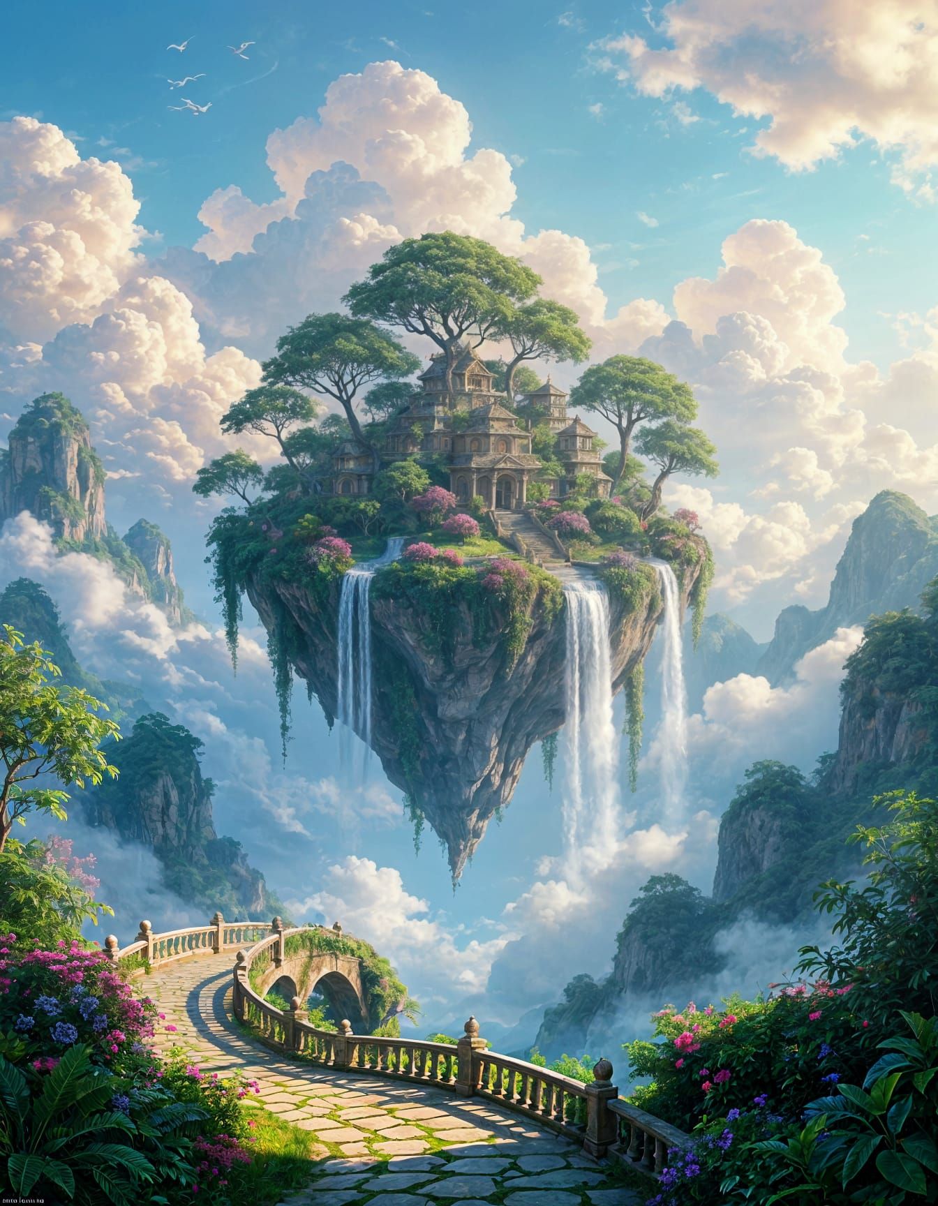 A view of an island suspended in the sky, floating, relaxing and evocative with waterfalls and lush plants and vibrant flowers floating gent...