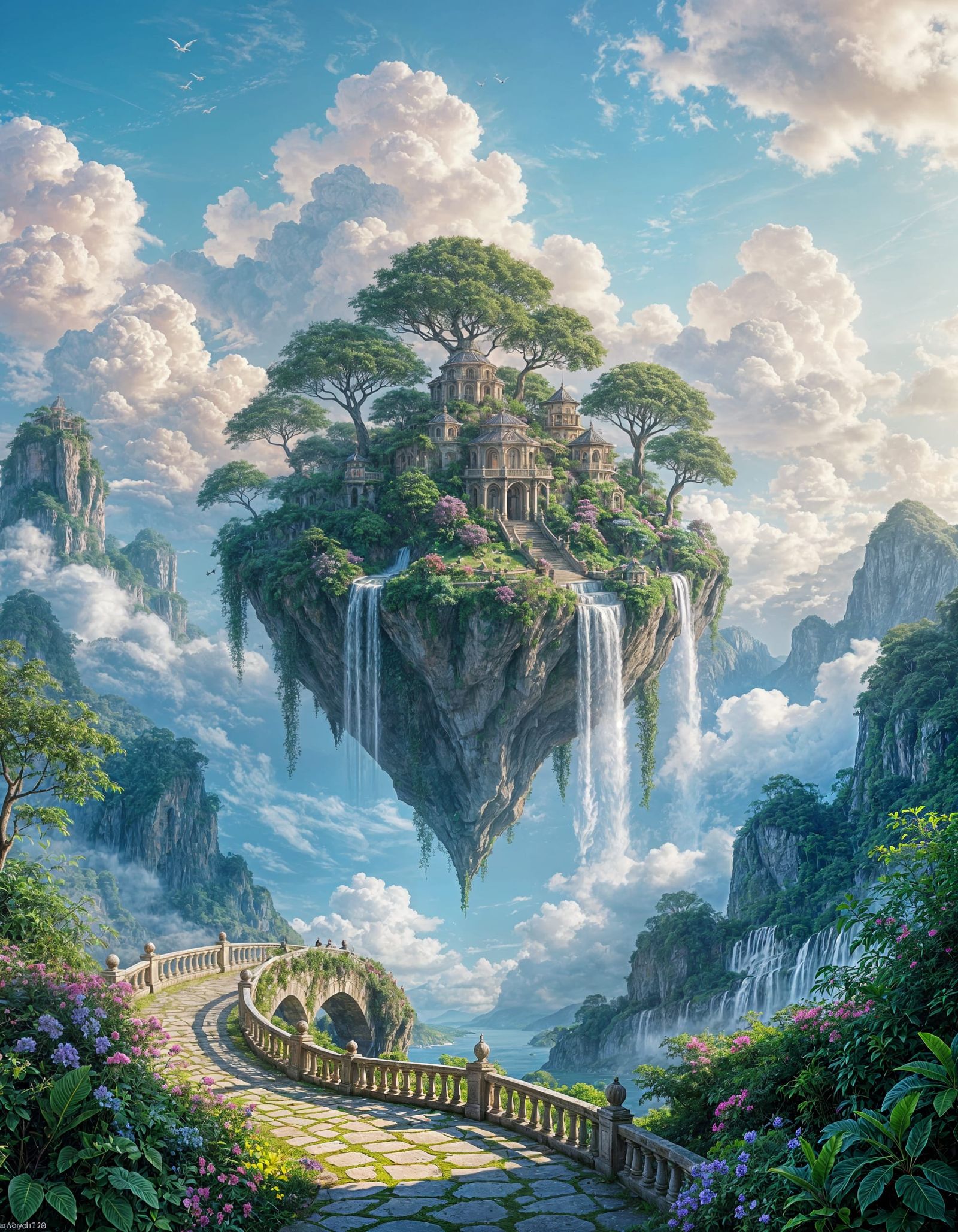 A view of an island suspended in the sky, floating, relaxing and evocative with waterfalls and lush plants ...  by @naqsh jacpehan