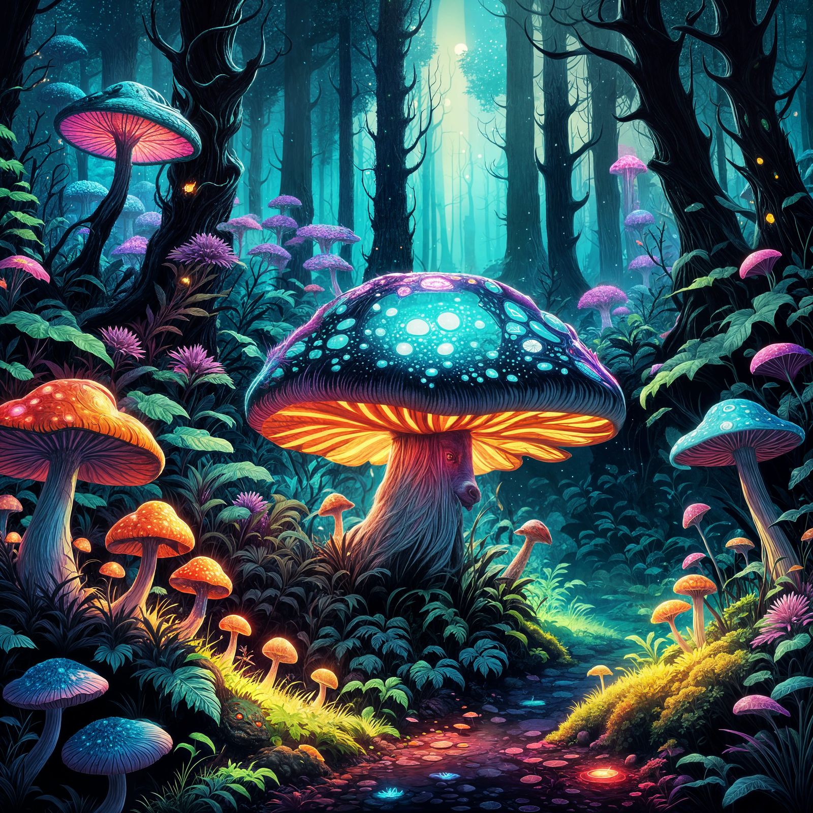 A fantasy landscape where strange creatures or plants glow with bright, fluorescent hues. Hyperrealistic, ...  by @Bobbles52