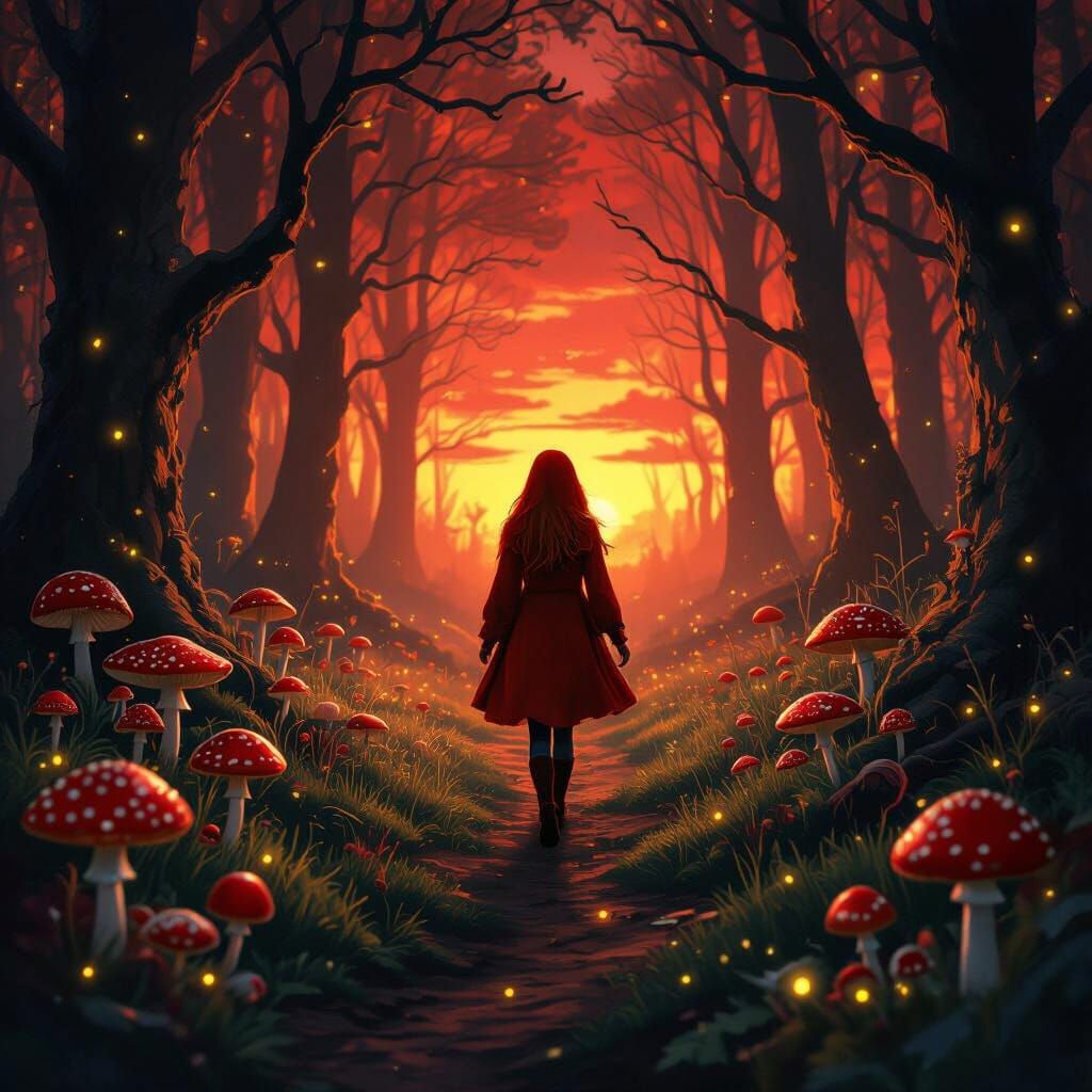 Red Riding Hood walking through an enchanted, living, breathing forest filled with amanitas and fireflies ...  by @DW