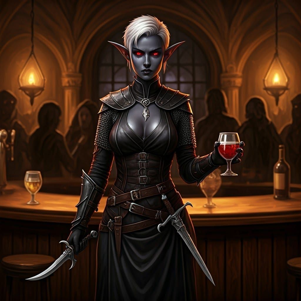 A dark elf female bartender in a fantasy inn, clad in dark chainmail under a split apron of black silk, with twin daggers at her belt, fierc...