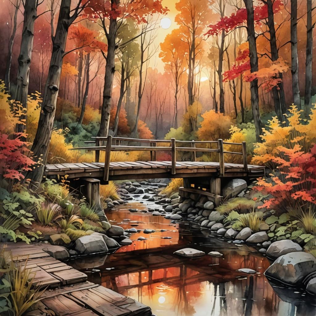  wooden footbridge, over a  stream, at red copper sunset  by @Mapont