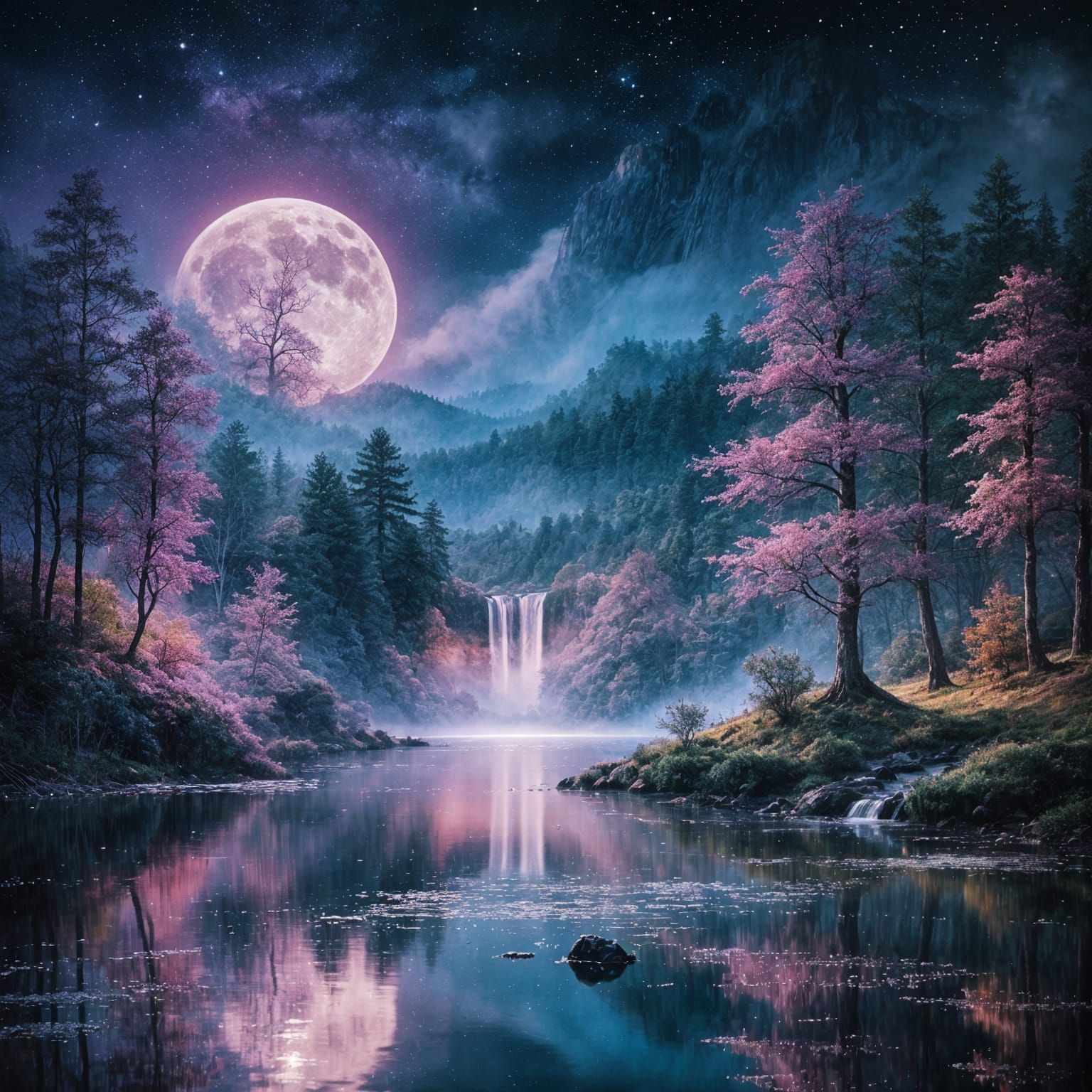 Watercolor landscape. Majestic big full moon. Dynamic cosmic glittering stars. Celestial. Epic waterfall ...  by @Anonymous009