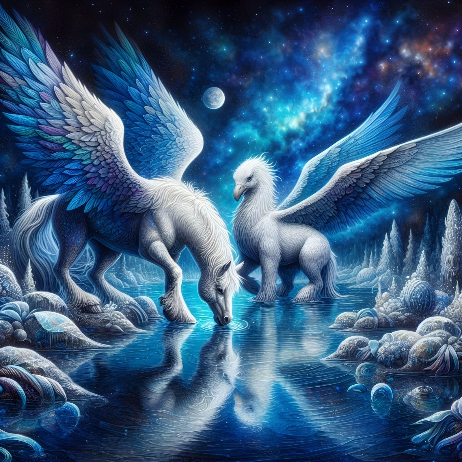 Celestial Reflections: Pegasus and Hippogriff