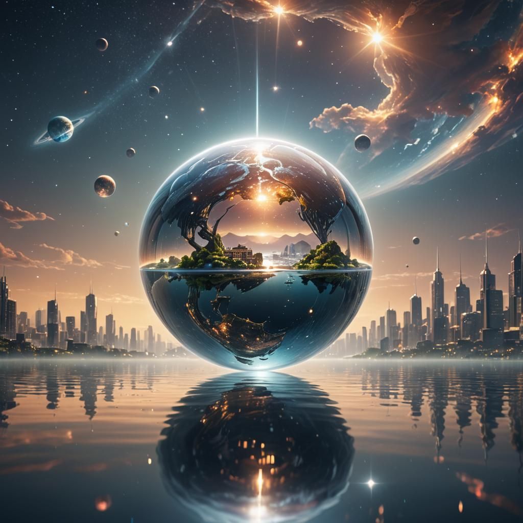 Hyper-realistic sci-fi concept art. Reflection shot. A glowing, shimmering orb contains a detailed miniature ...  by @Artificial Intelligence Artist