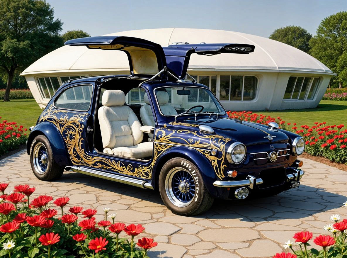 1973 Seat 600 D Special Gullwing open doors in a 60s futuris...