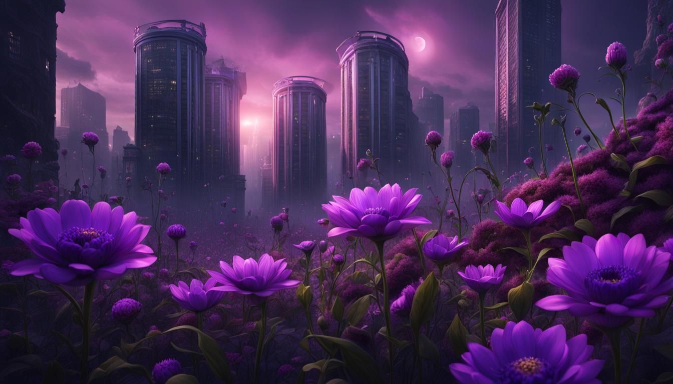 Two purple flowers with a dark background and tall buildings